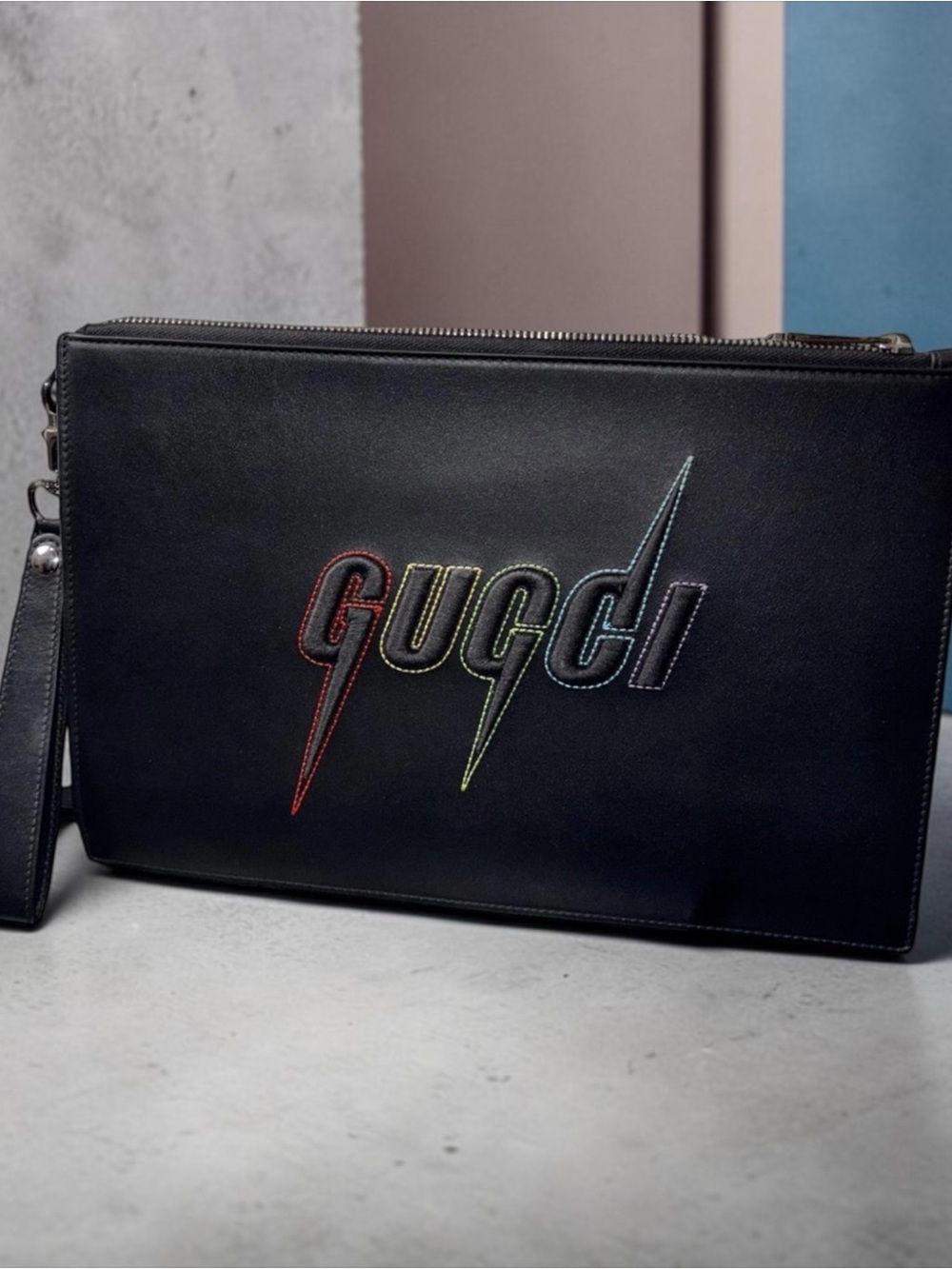 Gucci Black Leather Zip Pouch with Multicolor Embroidered Logo